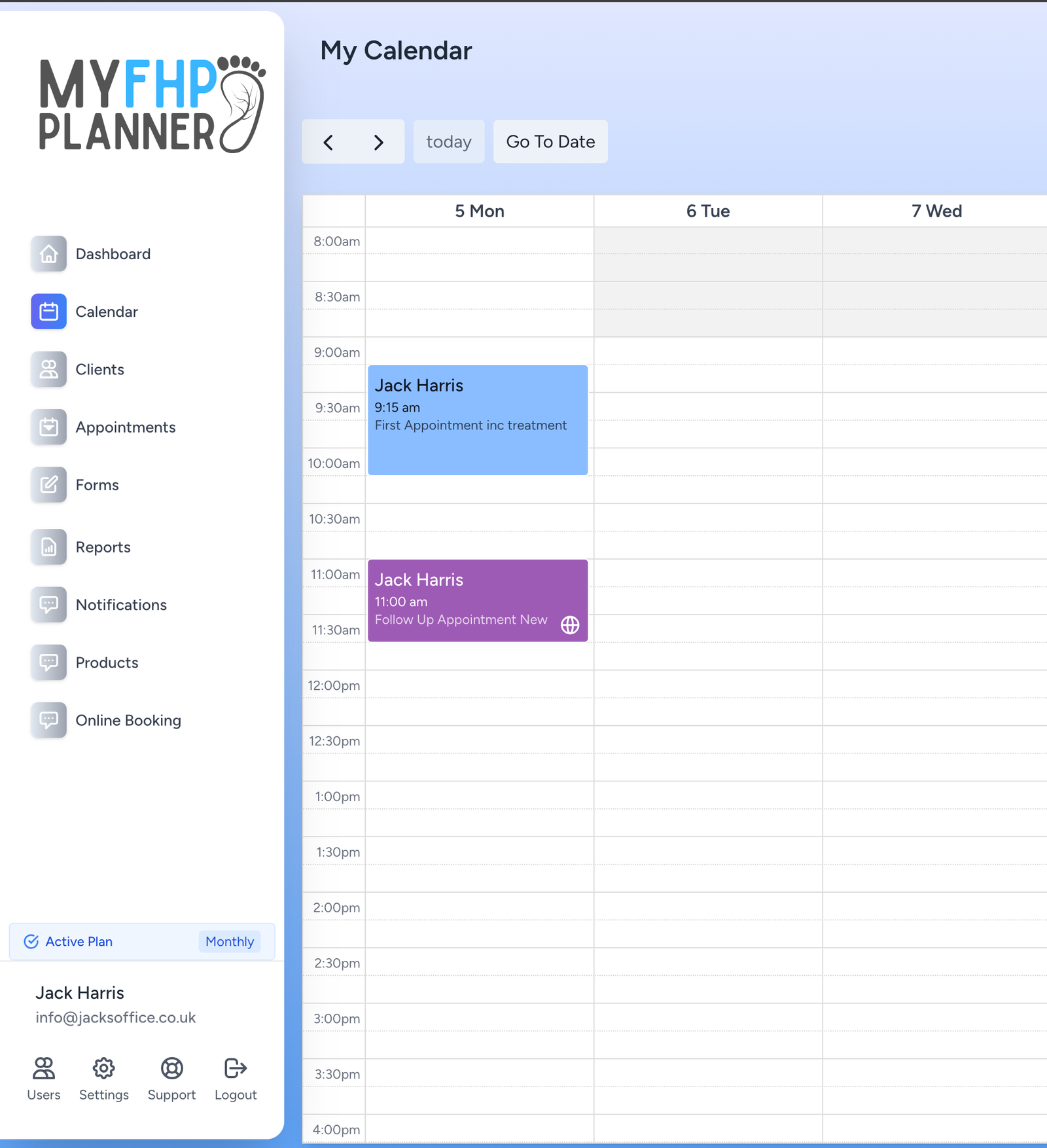 FHP Planner Interface showing appointment scheduling